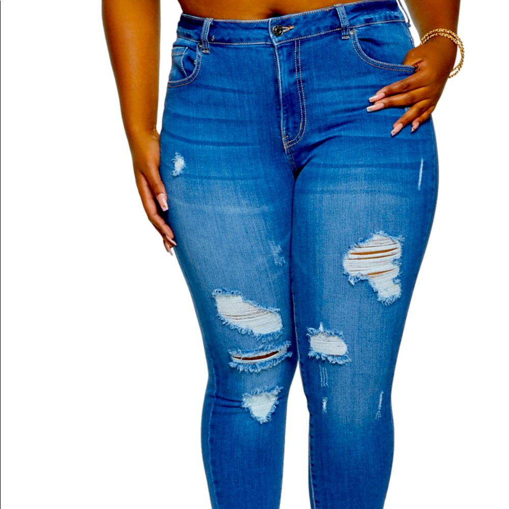 Plus Size WAX Distressed Whiskered Jeans